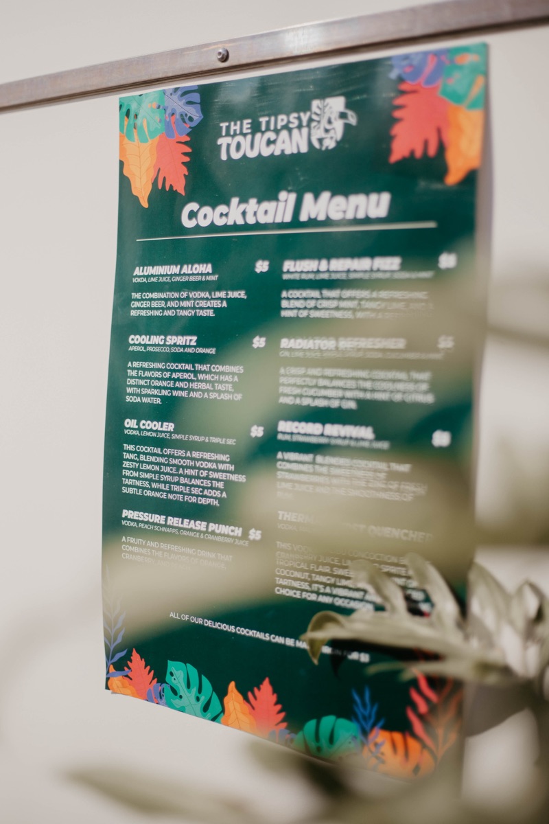 Custom Tipsy Toucan cocktail menu